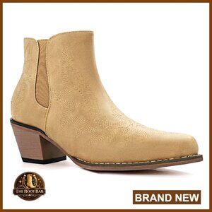 Faux Leather Ankle Cowboy Boots Snip Toe Embroidered Chunky Heel